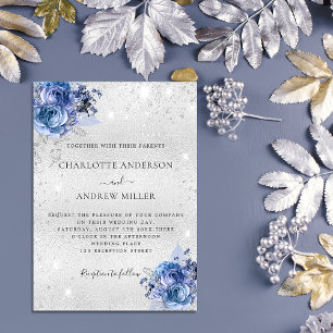 Silver blue florals elegant wedding invitation