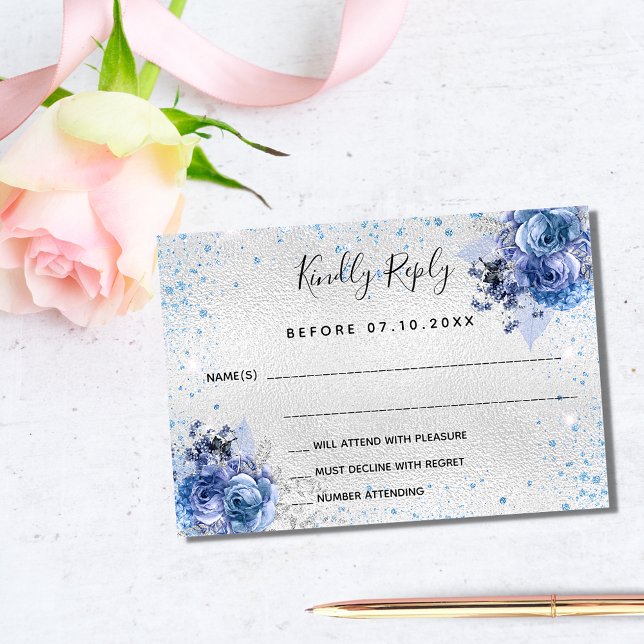 Silver blue florals elegant wedding RSVP Card (Creator Uploaded)