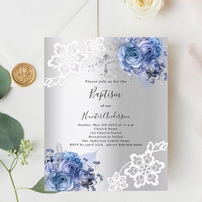 Silver blue florals lace Baptism invitation (Creator Uploaded)