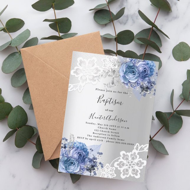 Silver blue florals lace Baptism Invitation (Creator Uploaded)