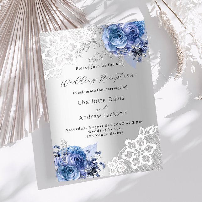 Silver blue florals lace premium wedding reception invitation (Creator Uploaded)