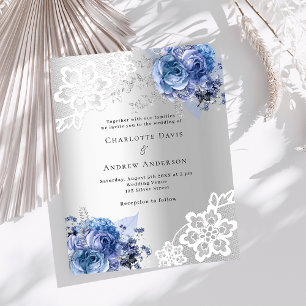 Silver blue florals lace wedding invitation