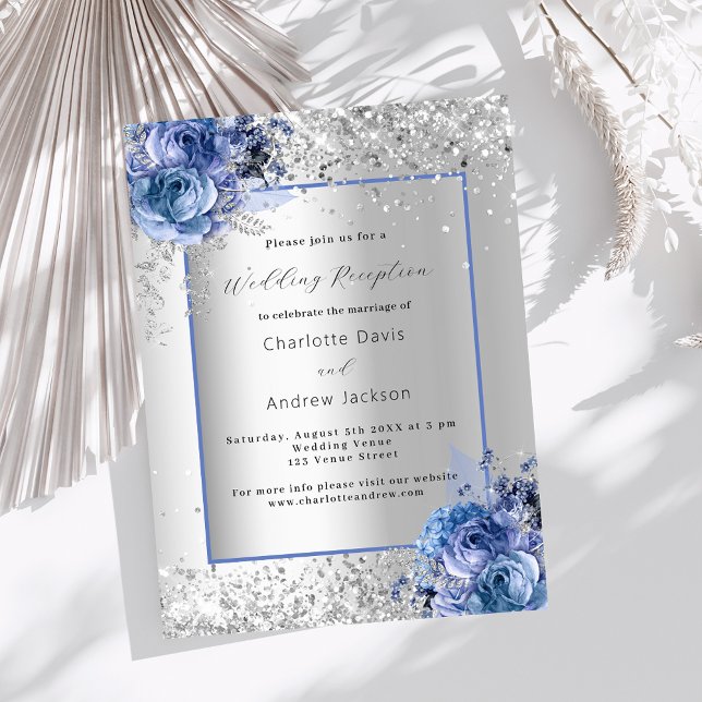 Silver blue florals luxury wedding reception invitation (Creator Uploaded)