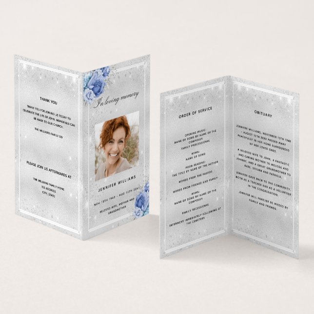Silver blue florals photo glitter funeral program (Inside and Outside)