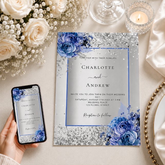Silver blue florals wedding invitation (Creator Uploaded)