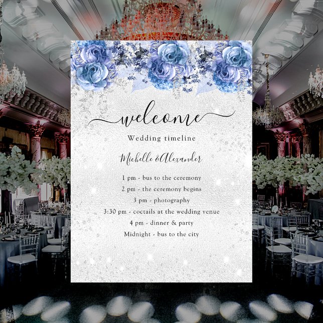 Silver blue florals wedding program poster (Creator Uploaded)
