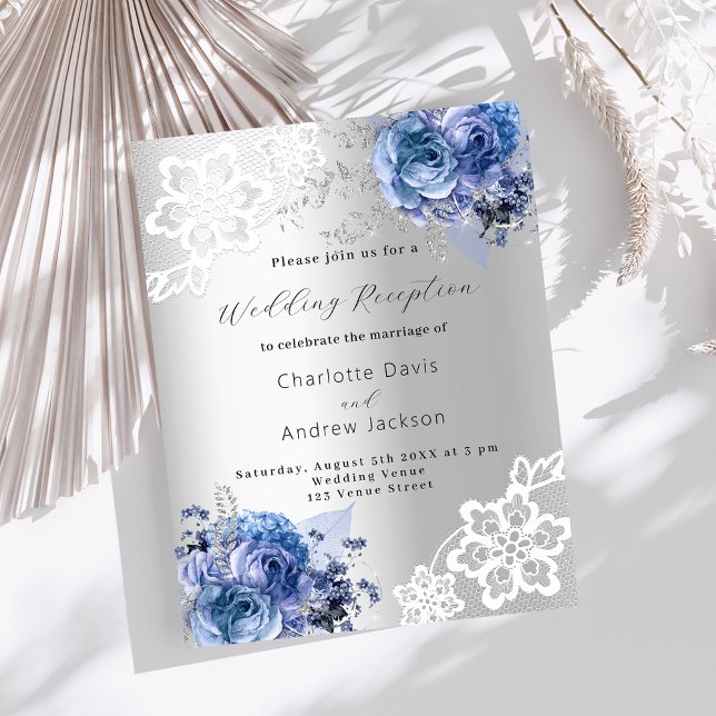 Silver blue florals wedding reception invitation (Creator Uploaded)