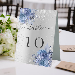 Silver blue florals wedding table number