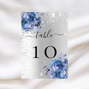 Silver blue florals wedding table number