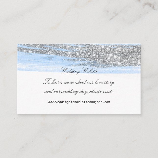 Silver Blue Glitte Delicate Script Wedding Website Enclosure Card (Front)