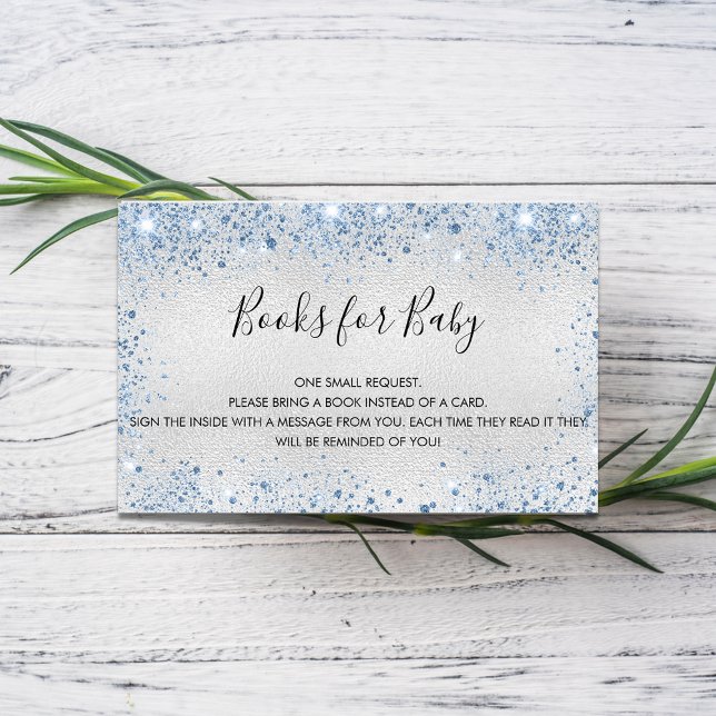 Silver blue glitter boy baby shower book request enclosure card (Creator Uploaded)