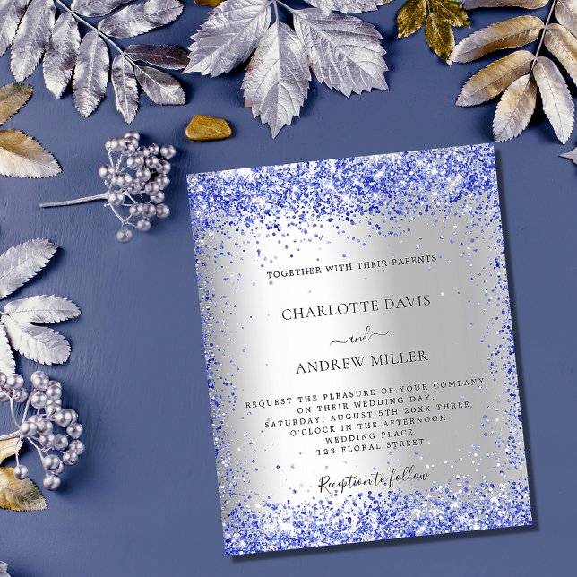 Silver blue glitter budget wedding invitation (Creator Uploaded)