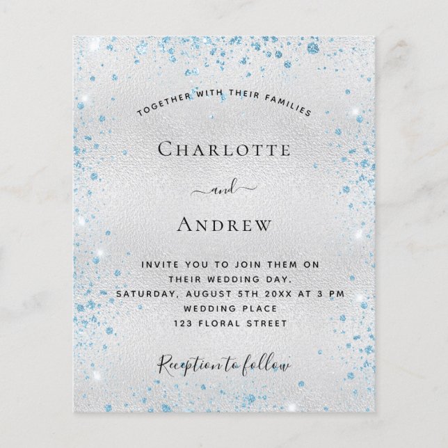 Silver blue glitter budget wedding invitation flyer (Front)
