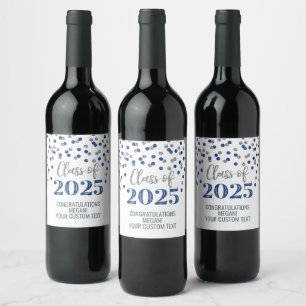 Silver Blue Glitter Class of 2025 Graduation Wine Label