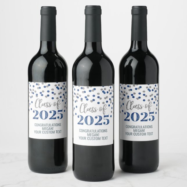 Silver Blue Glitter Class of 2025 Graduation Wine Label (Bottles)