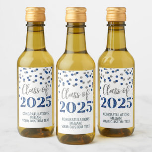 Silver Blue Glitter Class of 2025 Graduation Wine Label