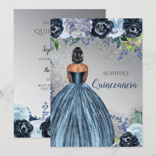 Silver Blue Glitter Dress Quinceañera Quince  Invitation