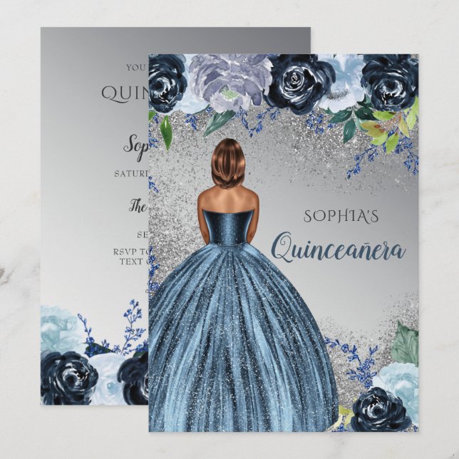 Silver Blue Glitter Dress Quinceañera Quince   Invitation (Front/Back)