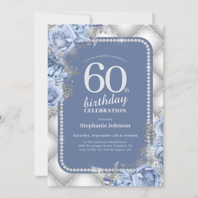 Silver Blue Glitter Floral 60th Birthday Invitation (Front)