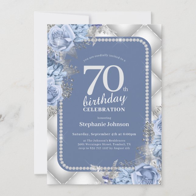 Silver Blue Glitter Floral 70th Birthday Invitation (Front)