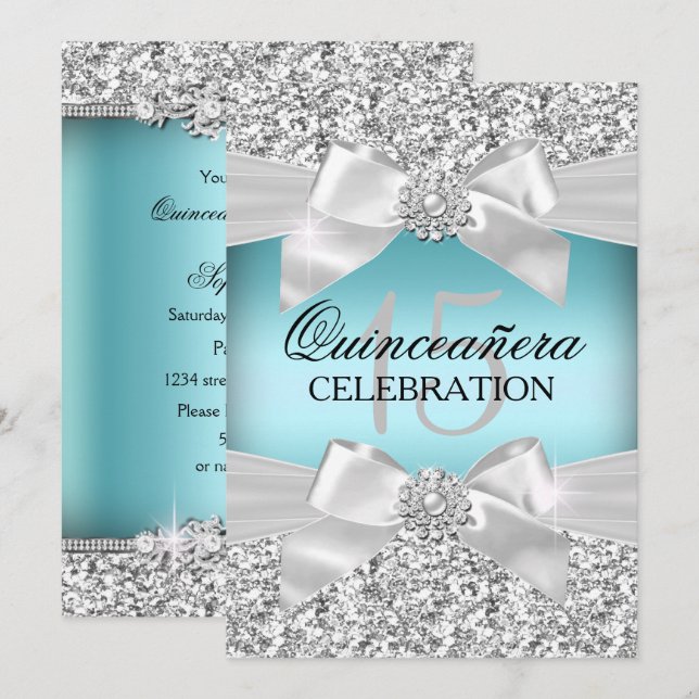 Silver Blue Glitter & Jewel Bow Quinceanera Invitation (Front/Back)