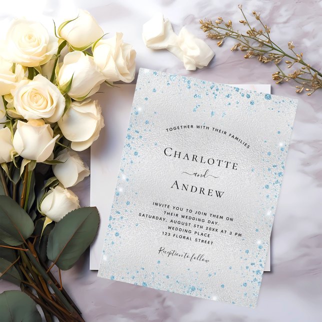 Silver blue glitter metal elegant winter wedding invitation postcard (Creator Uploaded)