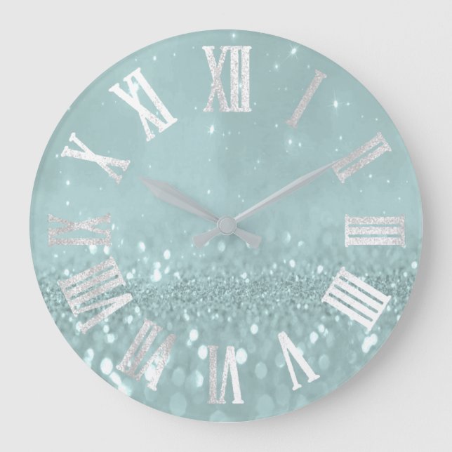 Silver Blue Glitter Minimal Metallic Roman Numers Large Clock (Front)