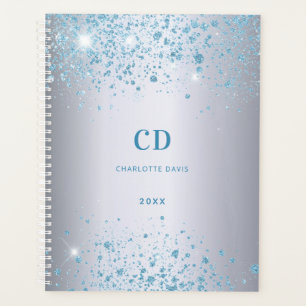 Silver blue glitter monogram name planner