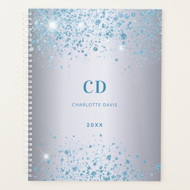Silver blue glitter monogram name planner (Front)
