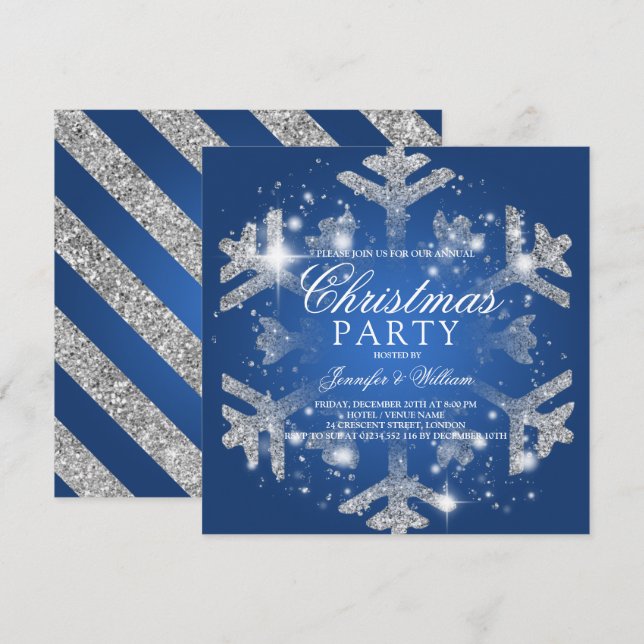 Silver & Blue Glitter Snowflake Xmas Holiday Party Invitation (Front/Back)