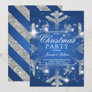 Silver Blue Glitter Snowflake Xmas Holiday Party Invitation
