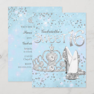 Silver Blue Glitter Tiara & Heels Sweet 16 Invite