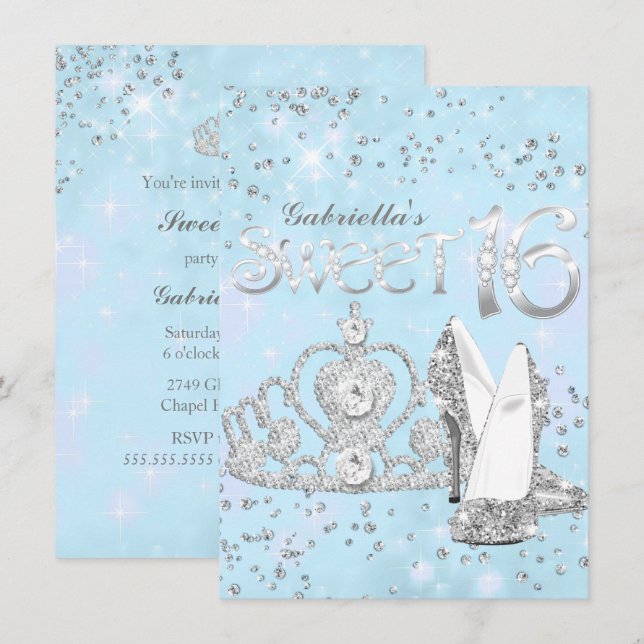 Silver Blue Glitter Tiara & Heels Sweet 16 Invite (Front/Back)