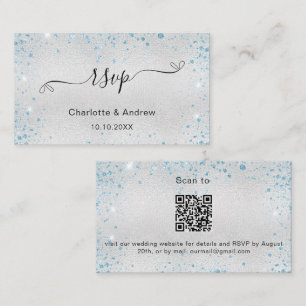 Silver blue glitter wedding website RSVP QR code Enclosure Card