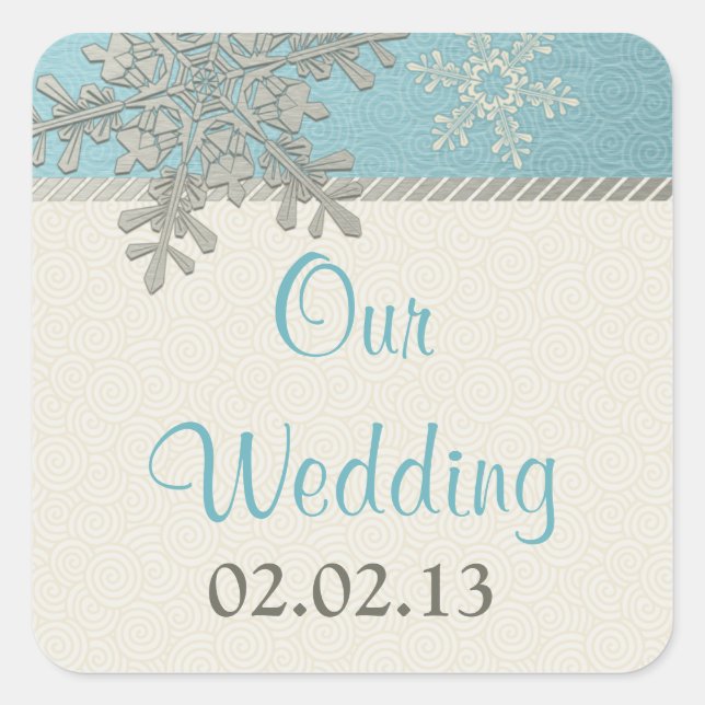 Silver Blue Gold Snowflake Winter Wedding Stickers (Front)