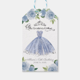 Silver Blue Gown Floral Quinceanera Party Gift Tags