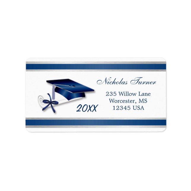 Silver blue Graduation Mortar cap & diploma Label (Front)