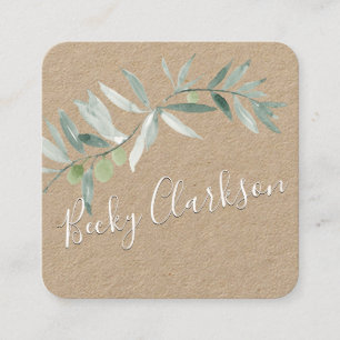 Silver Blue Greenery Kraft Paper Pretty Script Square Business Card