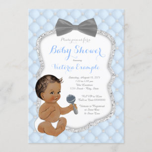 Silver Blue Grey Bow Tie Ethnic Boy Baby Shower Invitation