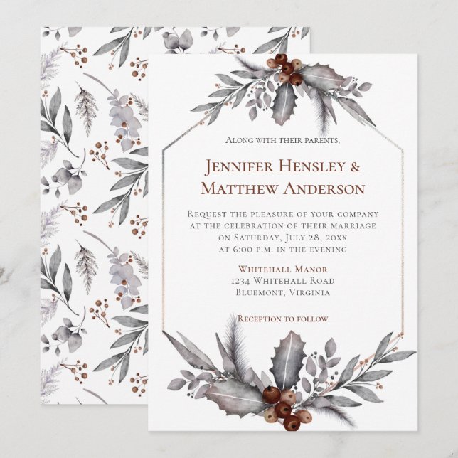 Silver, Blue Grey, Rusty Brown Winter Wedding Invitation (Front/Back)