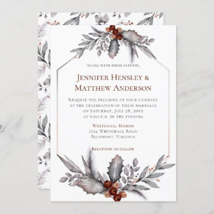 Silver, Blue Grey, Rusty Brown Winter Wedding Invitation