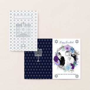 SILVER BLUE Hanukkah PHOTO Card - Flowers Floral