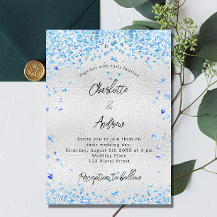 Silver blue hearts budget wedding invitation
