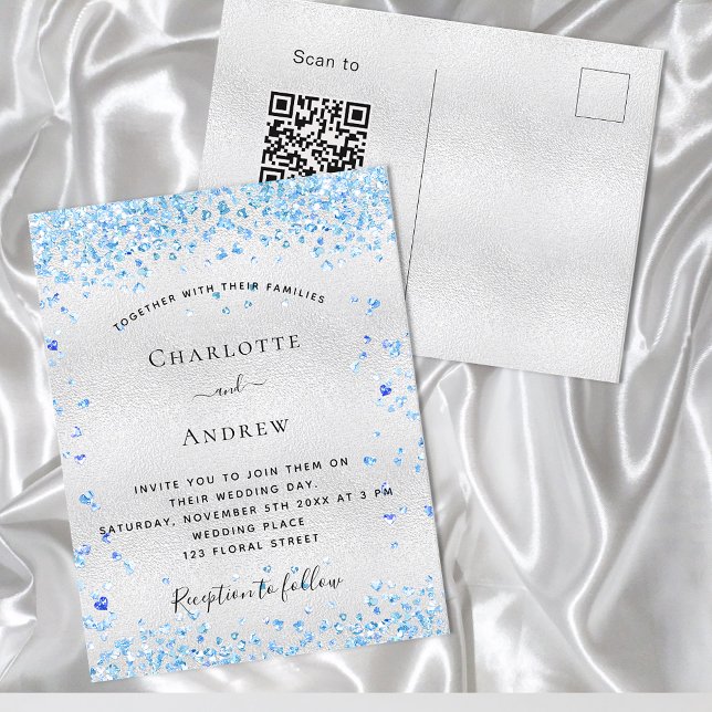 Silver blue hearts QR code RSVP wedding Invitation Postcard (Creator Uploaded)