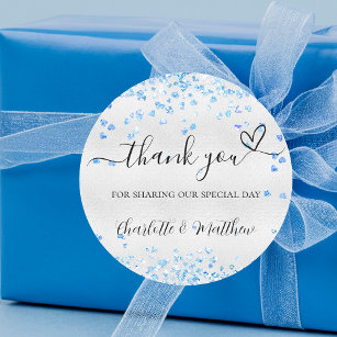 Silver blue hearts thank you wedding classic round sticker