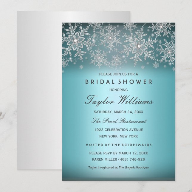Silver Blue Jewel Snowflake Bridal Shower Invite (Front/Back)