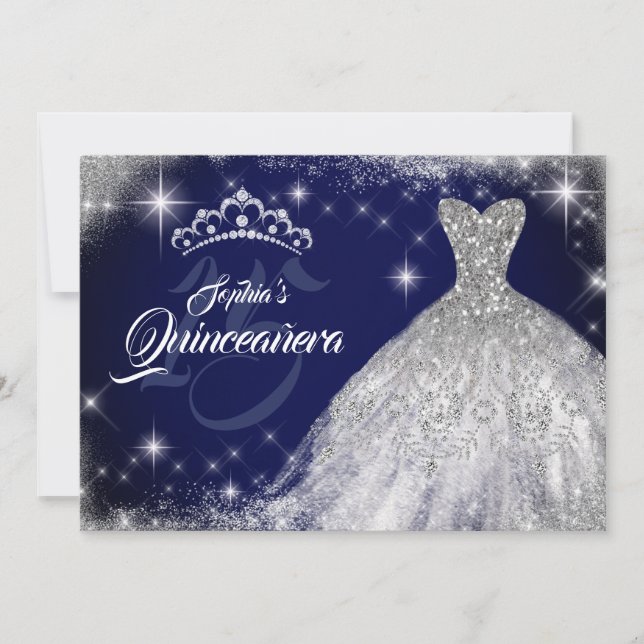 Silver Blue Lace Diamond Gown Tiara Quinceanera Invitation (Front)