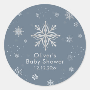Silver Blue Magical Winter Snowflake Baby Shower Classic Round Sticker