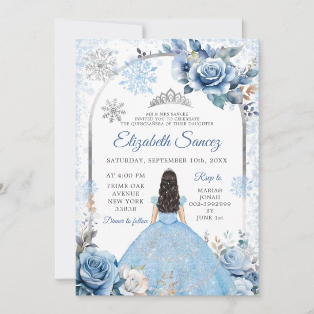 Silver Blue Magical Winter Snowflake Quinceañera Invitation (Front)