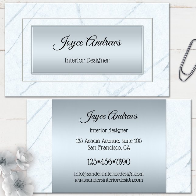 Silver Blue Marble Interior Design Business Card (Business card featuring a pale blue marble design with silver - interior design - home staging)